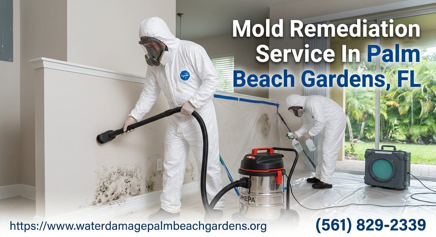 Mold remediation technicians treating damp walls in Palm Beach Gardens FL 33418